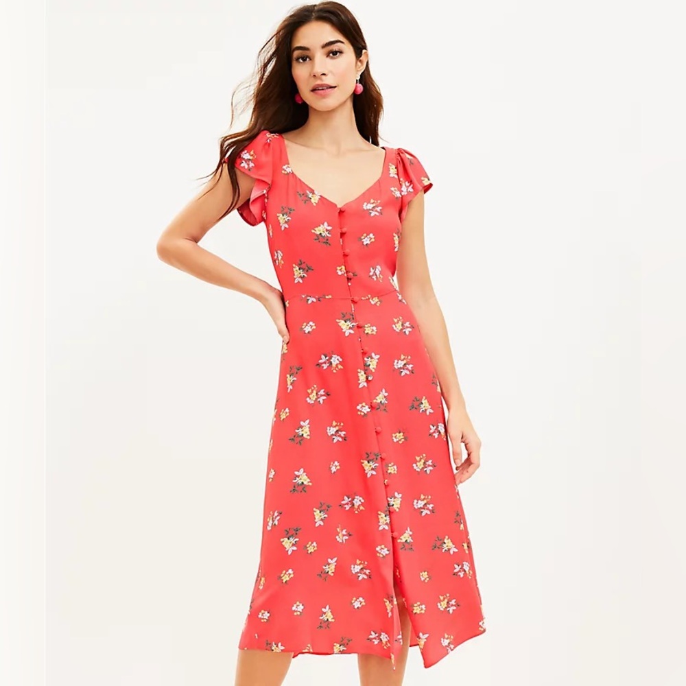 Floral Cap Sleeve Button Midi Dress